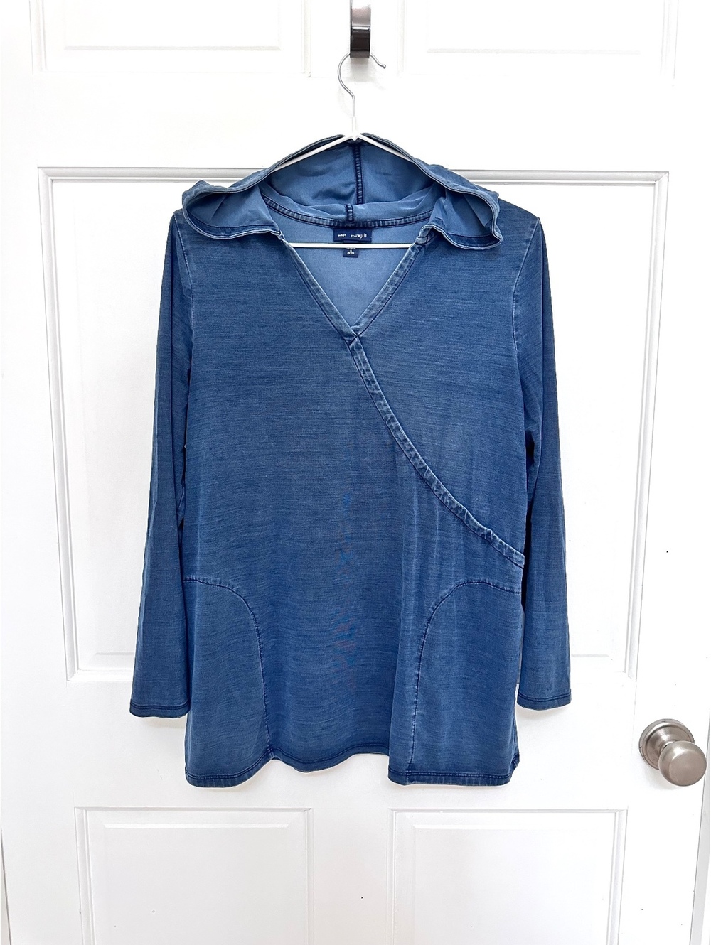 Pure Jill Indigo Faux-Wrap Hooded Tunic Relaxed-Fit Pullover Size S